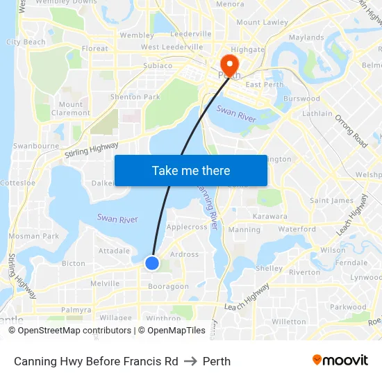 Canning Hwy Before Francis Rd to Perth map
