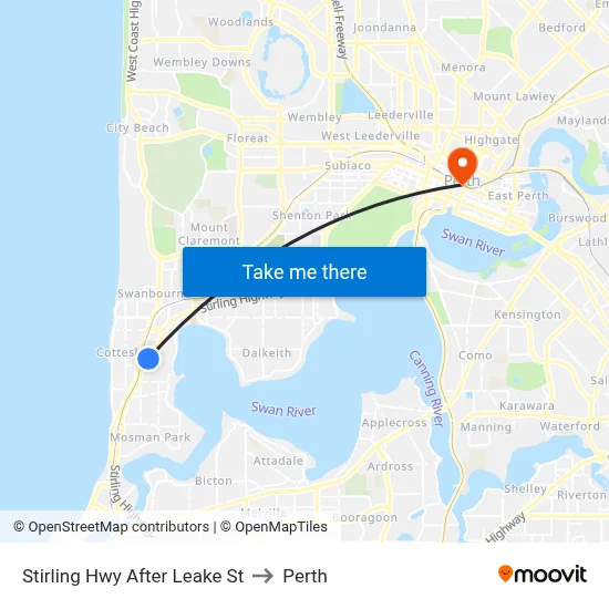 Stirling Hwy After Leake St to Perth map