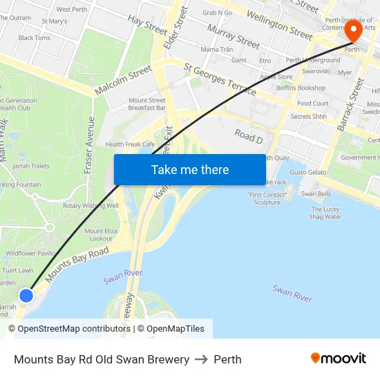 Mounts Bay Rd Old Swan Brewery to Perth map