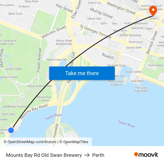 Mounts Bay Rd Old Swan Brewery to Perth map