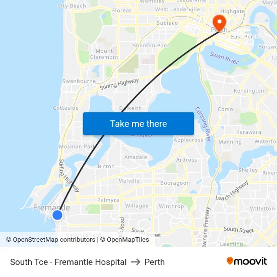 South Tce - Fremantle Hospital to Perth map