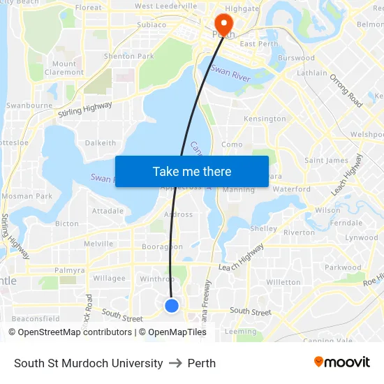 South St Murdoch University to Perth map