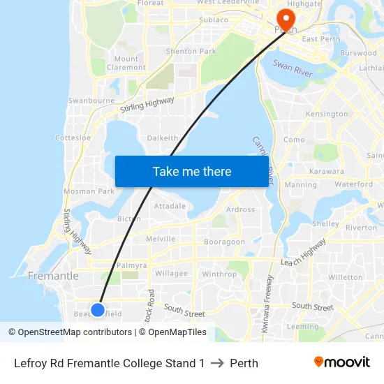 Lefroy Rd Fremantle College Stand 1 to Perth map