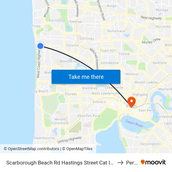 Scarborough Beach Rd Hastings Street Cat Id 19 to Perth map