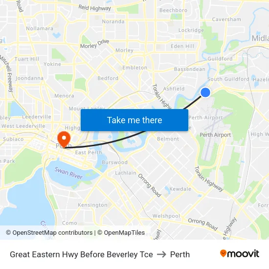 Great Eastern Hwy Before Beverley Tce to Perth map