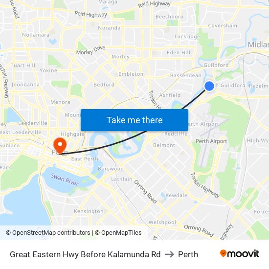 Great Eastern Hwy Before Kalamunda Rd to Perth map