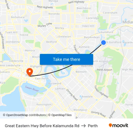 Great Eastern Hwy Before Kalamunda Rd to Perth map