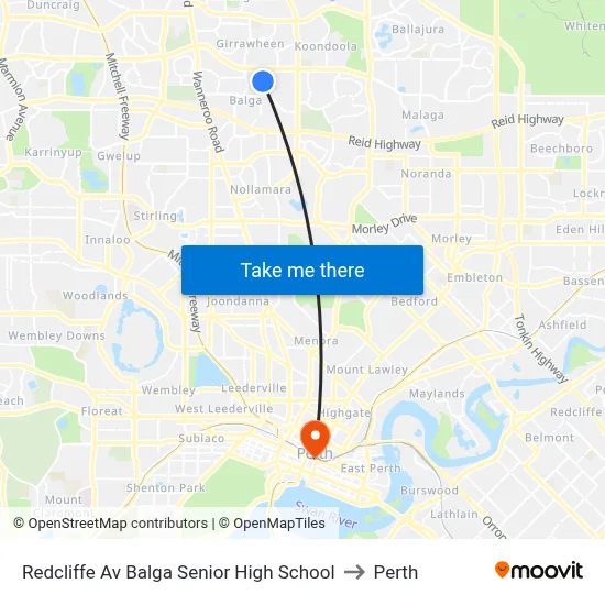 Redcliffe Av Balga Senior High School to Perth map