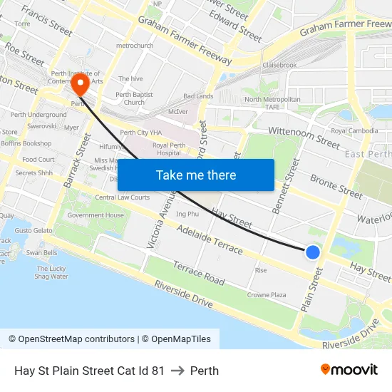 Hay St Plain Street Cat Id 81 to Perth map