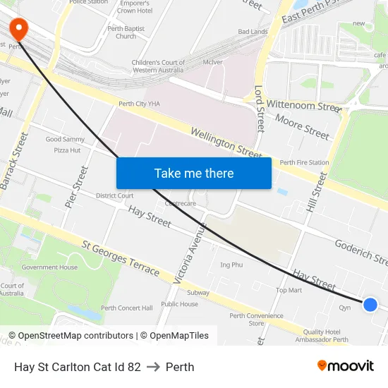 Hay St Carlton Cat Id 82 to Perth map