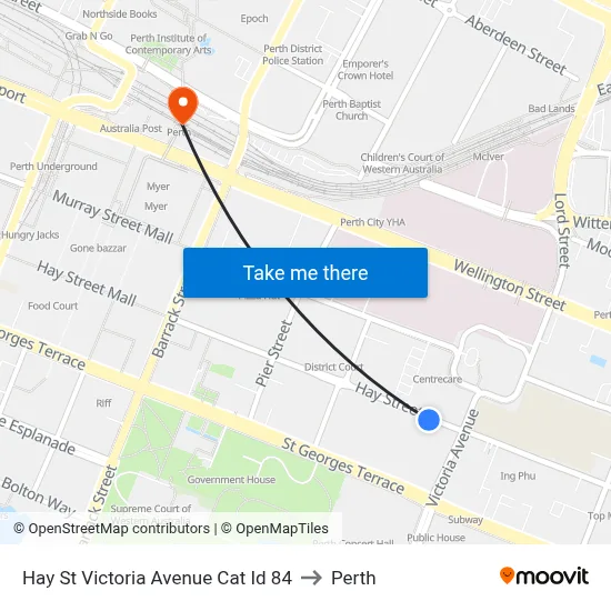 Hay St Victoria Avenue Cat Id 84 to Perth map