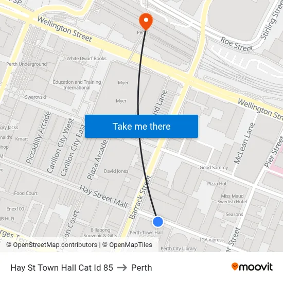 Hay St Town Hall Cat Id 85 to Perth map