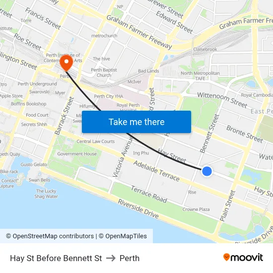 Hay St Before Bennett St to Perth map