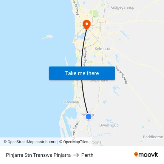 Pinjarra Stn Transwa Pinjarra to Perth map