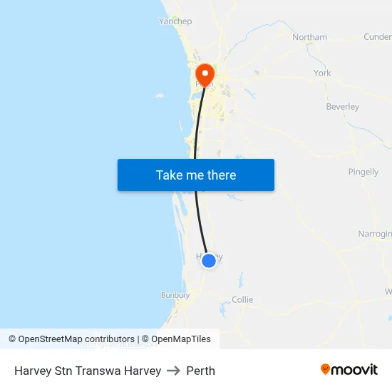 Harvey Stn Transwa Harvey to Perth map