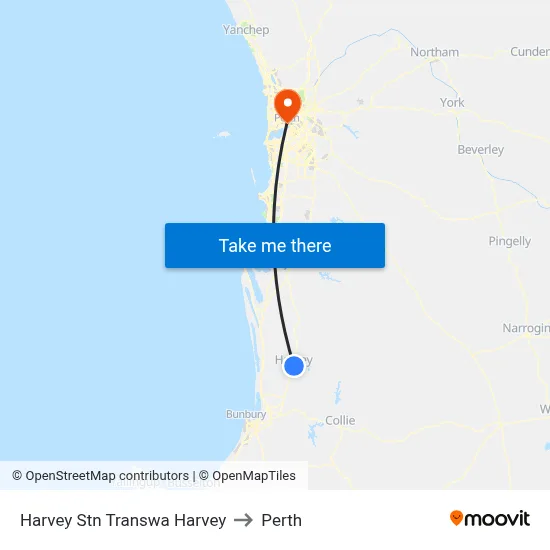 Harvey Stn Transwa Harvey to Perth map