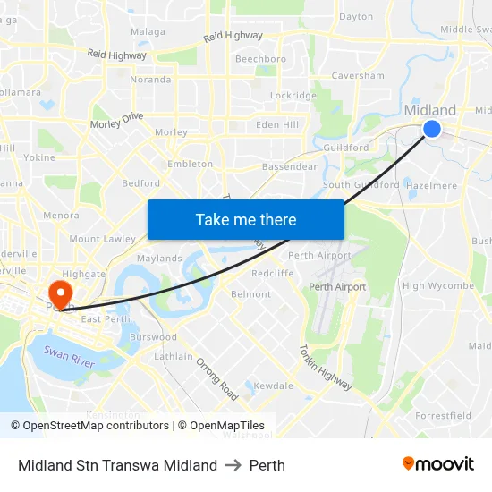Midland Stn Transwa Midland to Perth map