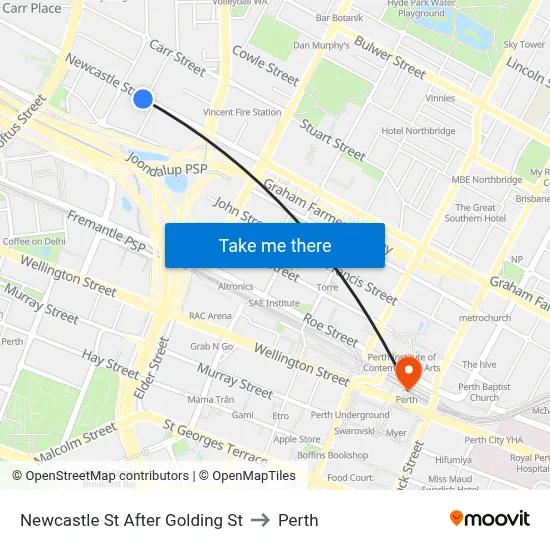 Newcastle St After Golding St to Perth map