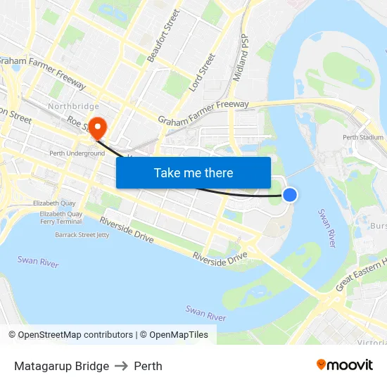 Matagarup Bridge to Perth map
