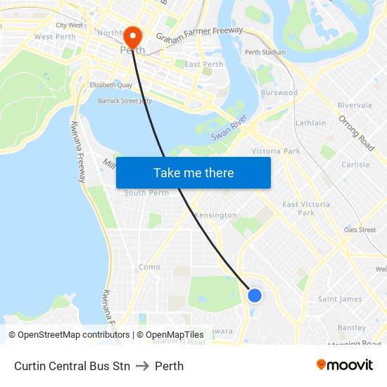 Curtin Central Bus Stn to Perth map