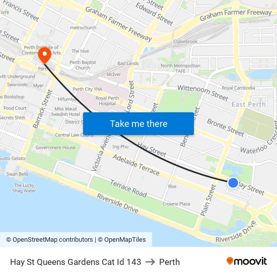Hay St Queens Gardens Cat Id 143 to Perth map