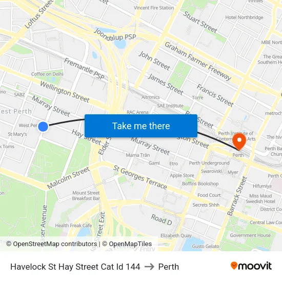 Havelock St Hay Street Cat Id 144 to Perth map