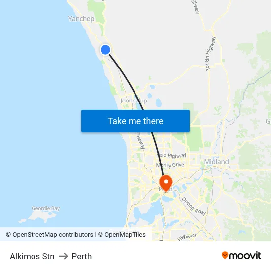 Alkimos Stn to Perth map