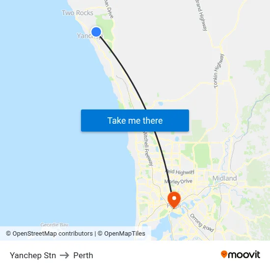 Yanchep Stn to Perth map