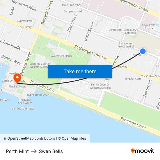 Perth Mint to Swan Bells map