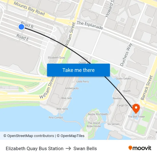 Elizabeth Quay Bus Station to Swan Bells map