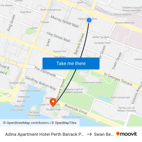Adina Apartment Hotel Perth Barrack Plaza to Swan Bells map