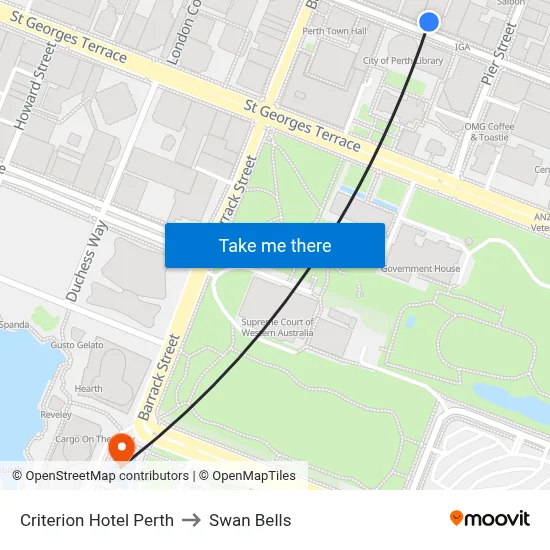 Criterion Hotel Perth to Swan Bells map