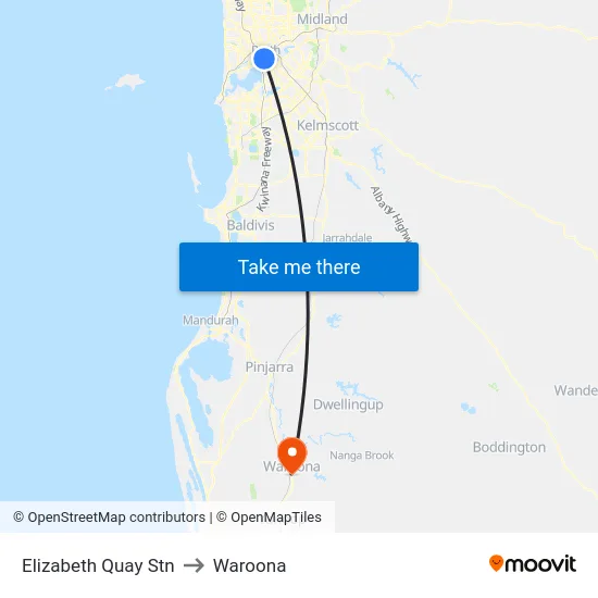 Elizabeth Quay Stn to Waroona map