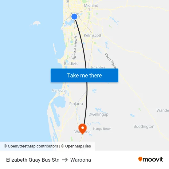 Elizabeth Quay Bus Stn to Waroona map