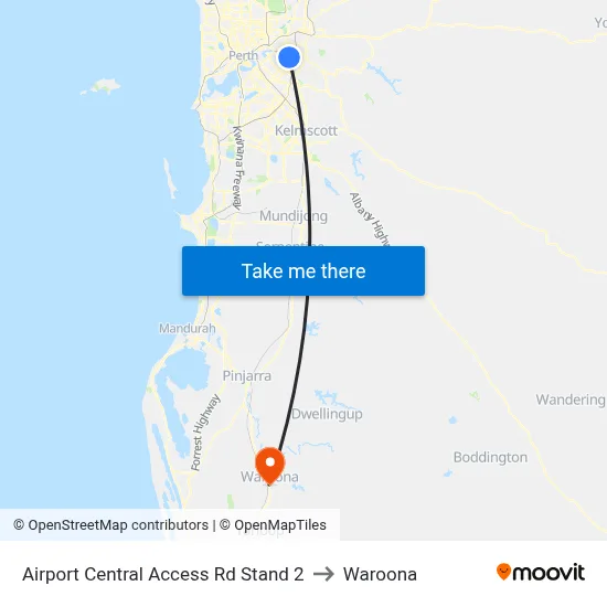 Airport Central Access Rd Stand 2 to Waroona map