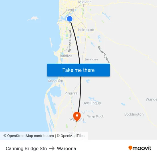 Canning Bridge Stn to Waroona map