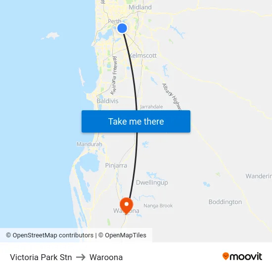 Victoria Park Stn to Waroona map