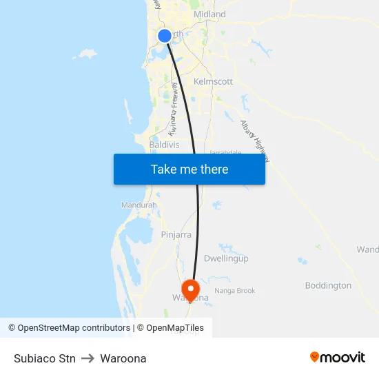 Subiaco Stn to Waroona map