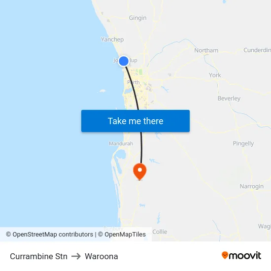 Currambine Stn to Waroona map