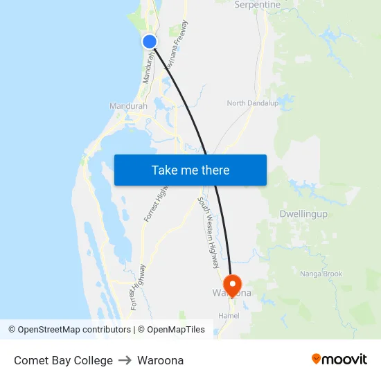 Comet Bay College to Waroona map