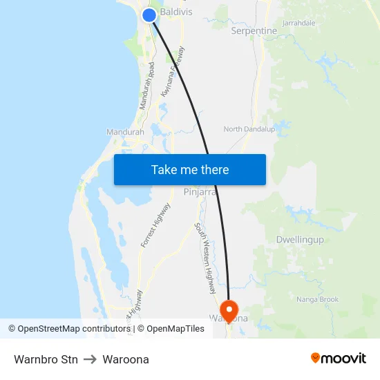 Warnbro Stn to Waroona map