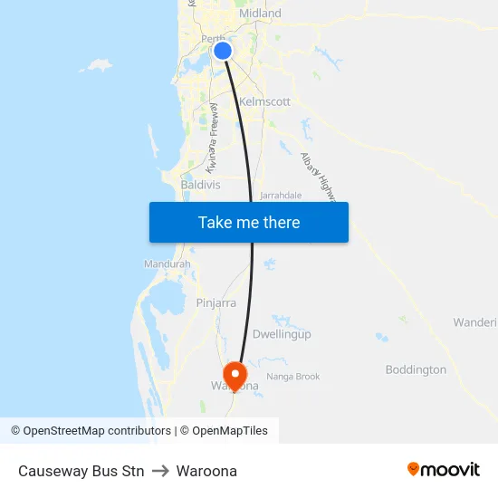 Causeway Bus Stn to Waroona map