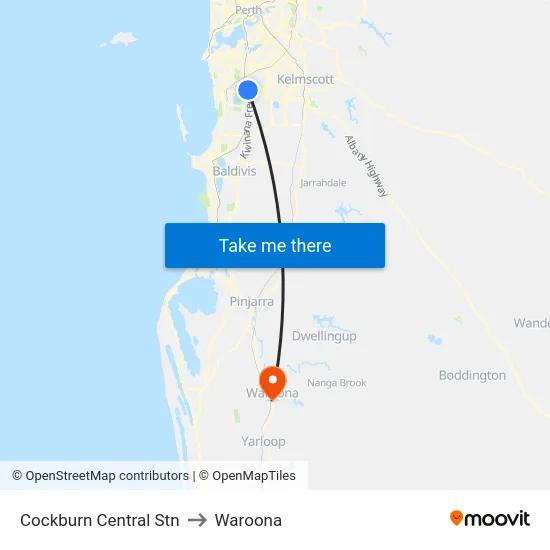 Cockburn Central Stn to Waroona map