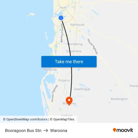 Booragoon Bus Stn to Waroona map