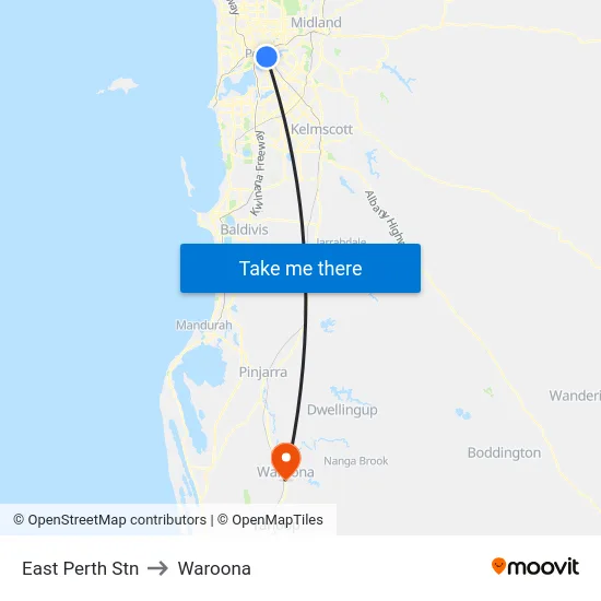 East Perth Stn to Waroona map