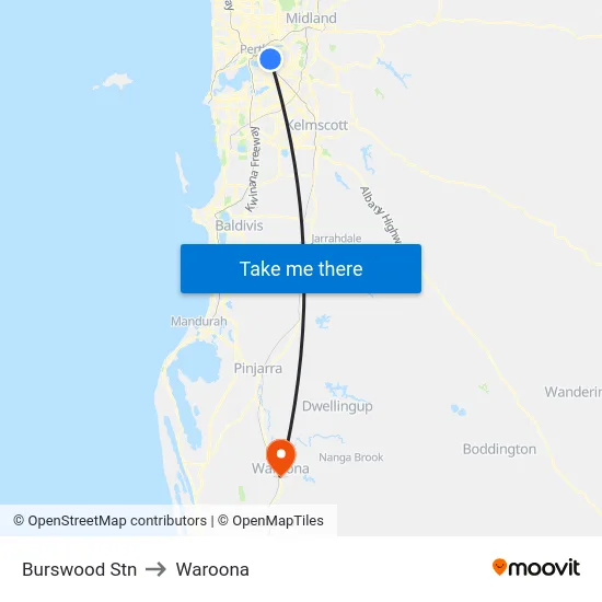 Burswood Stn to Waroona map