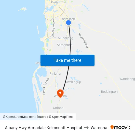 Albany Hwy Armadale Kelmscott Hospital to Waroona map