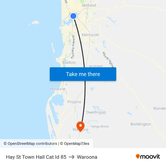 Hay St Town Hall Cat Id 85 to Waroona map