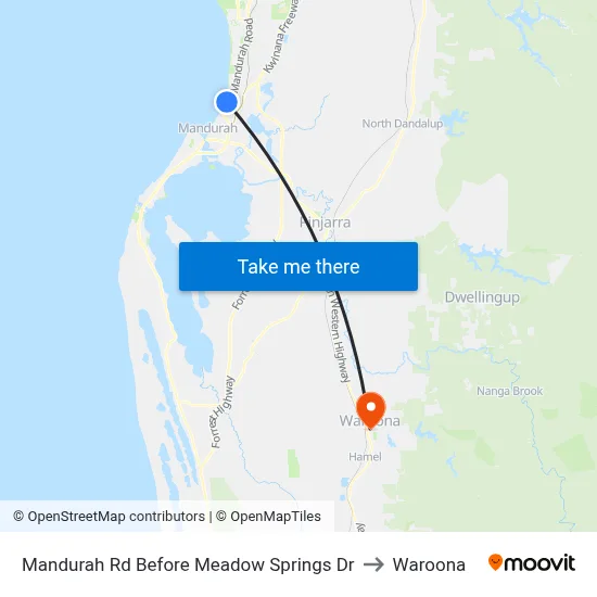 Mandurah Rd Before Meadow Springs Dr to Waroona map