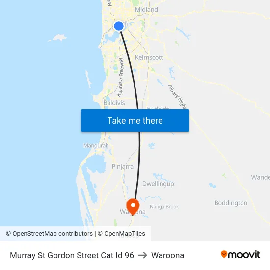 Murray St Gordon Street Cat Id 96 to Waroona map